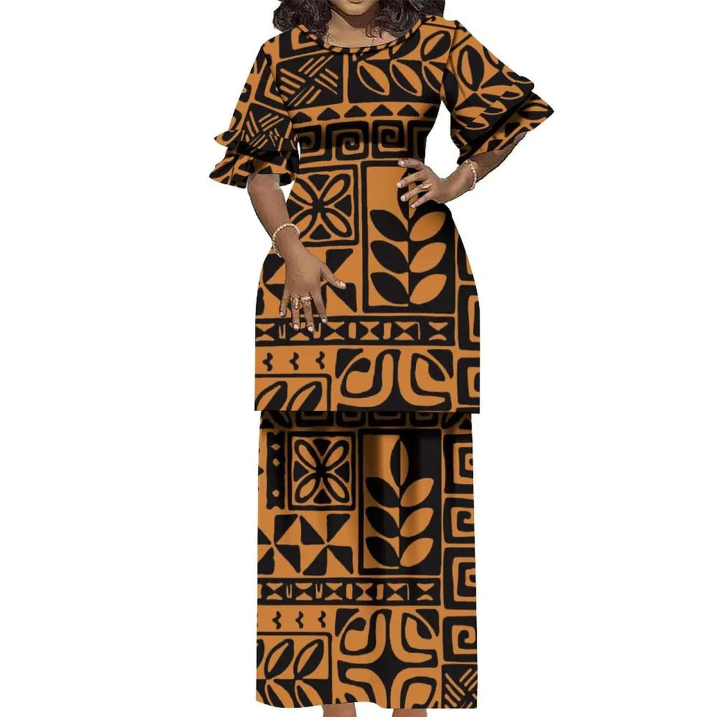 Polynesian Puletasi 2-piece Samoa island dress with ruffled top and matching skirt, featuring vintage round neckline and elegant cuffs.