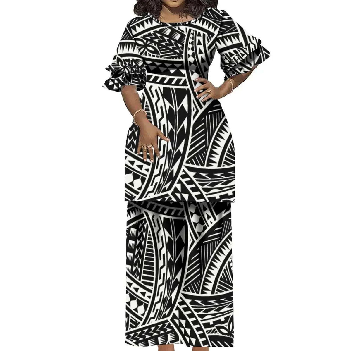 Vintage Polynesian Puletasi 2-piece ruffled Samoa Island dress with round neck and double cuffs, elegant and tailored for tropical style.