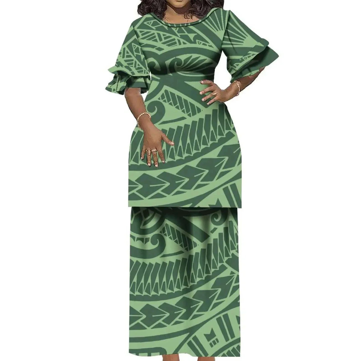 Showlu Fashion Polynesian Puletasi 2-piece Samoa Island dress with ruffled top and matching skirt, featuring elegant vintage design.