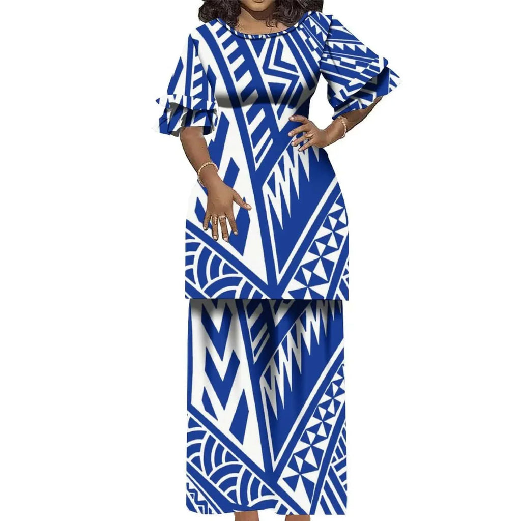 Polynesian Puletasi 2-piece Ruffled Samoa Island dress by Showlu Fashion, vintage round-neck with elegant ruffles and double cuffs.