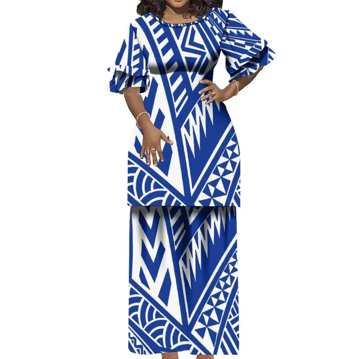 Polynesian Puletasi 2-piece Ruffled Samoa Island dress by Showlu Fashion, vintage round-neck with elegant ruffles and double cuffs.