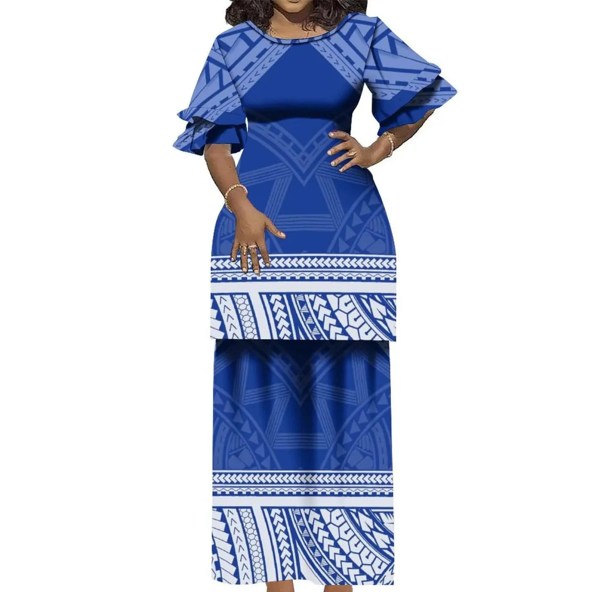 Showlu Fashion Polynesian Puletasi 2-piece Samoa Island dress with ruffled top and matching skirt, vintage round-neck and elegant design