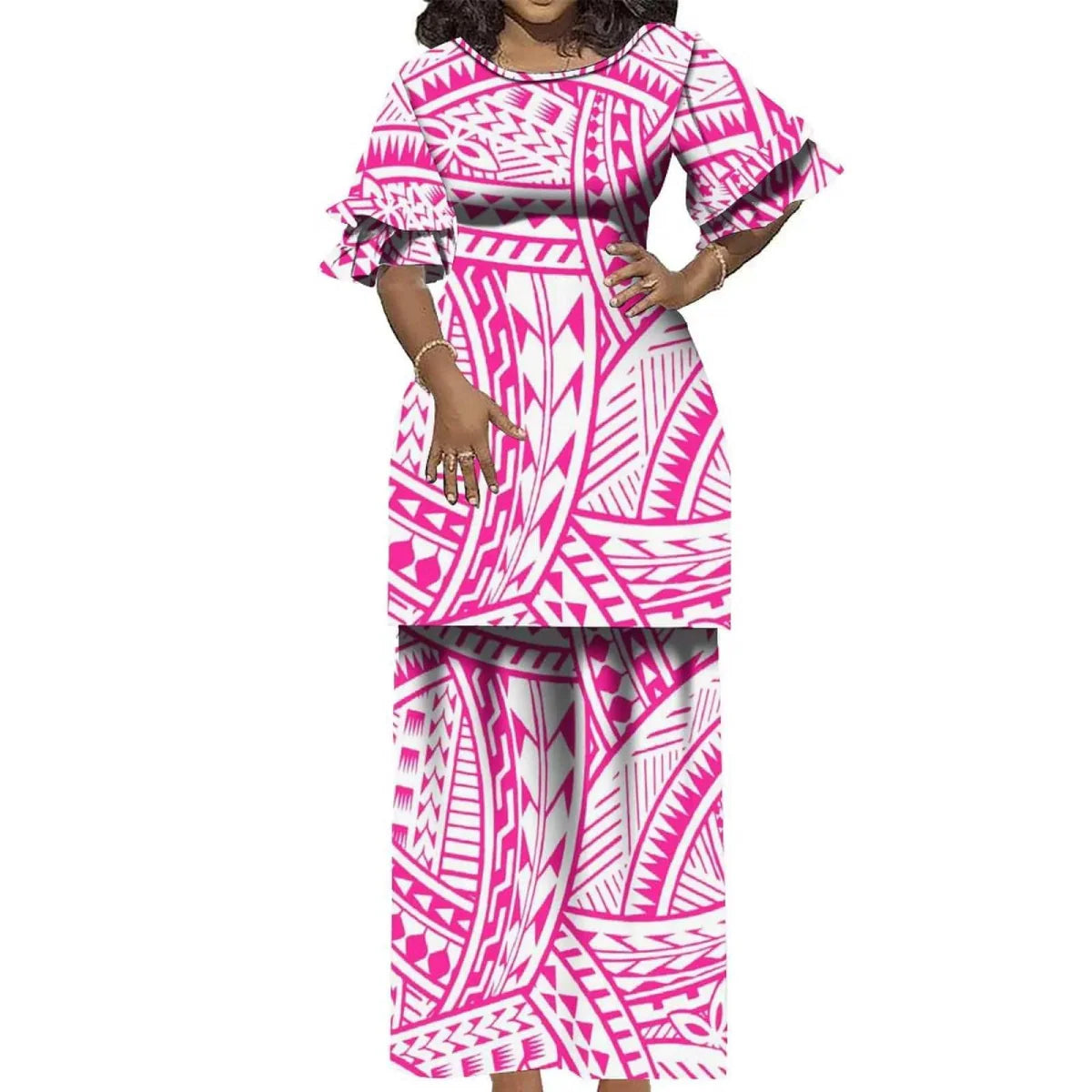 Polynesian Puletasi 2-piece dress by Showlu Fashion, featuring ruffled top with double cuffs, tailored for Samoa Island clothing style.