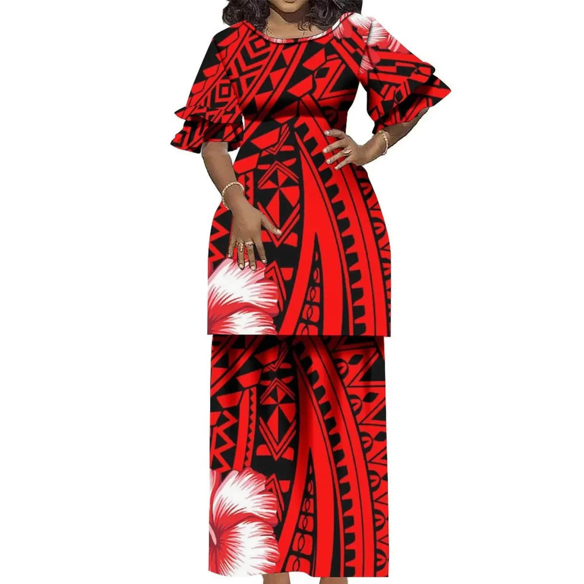 Showlu Fashion Polynesian Puletasi 2-piece ruffled Samoa Island dress with vintage round neck and elegant double cuffs.
