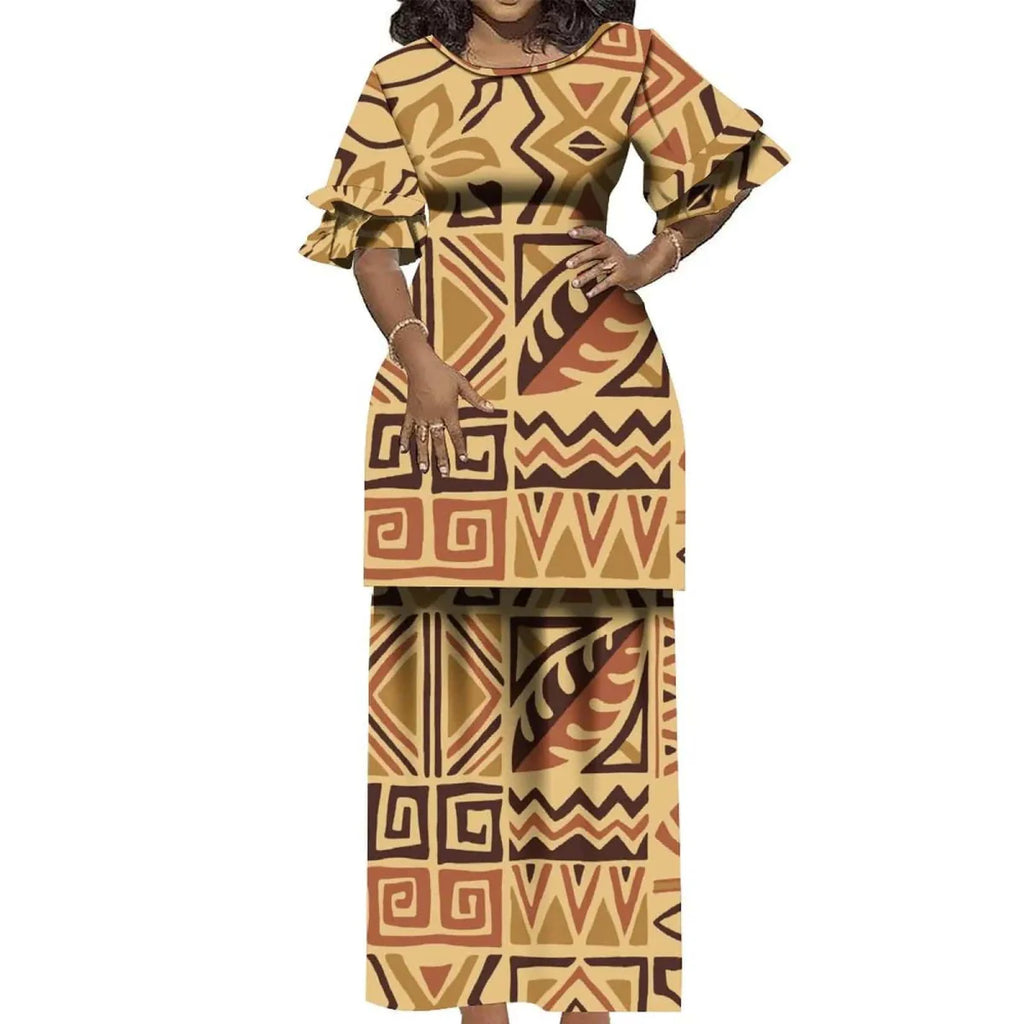 Showlu Fashion Polynesian Puletasi 2-piece ruffled Samoa Island dress with vintage round neck and elegant double cuffs.