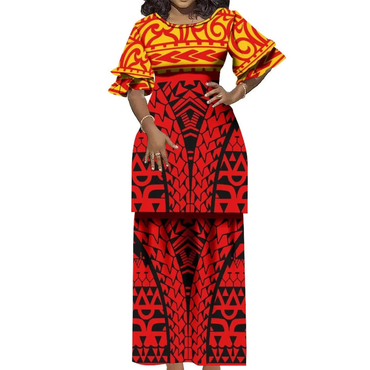 Showlu Fashion Polynesian Puletasi 2-piece ruffled Samoa Island dress with vintage round neck and elegant double cuffs.