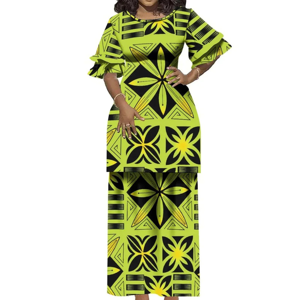 Vintage Polynesian Puletasi 2-piece Samoa dress with ruffled details and elegant round neckline, styled by Showlu Fashion Store.