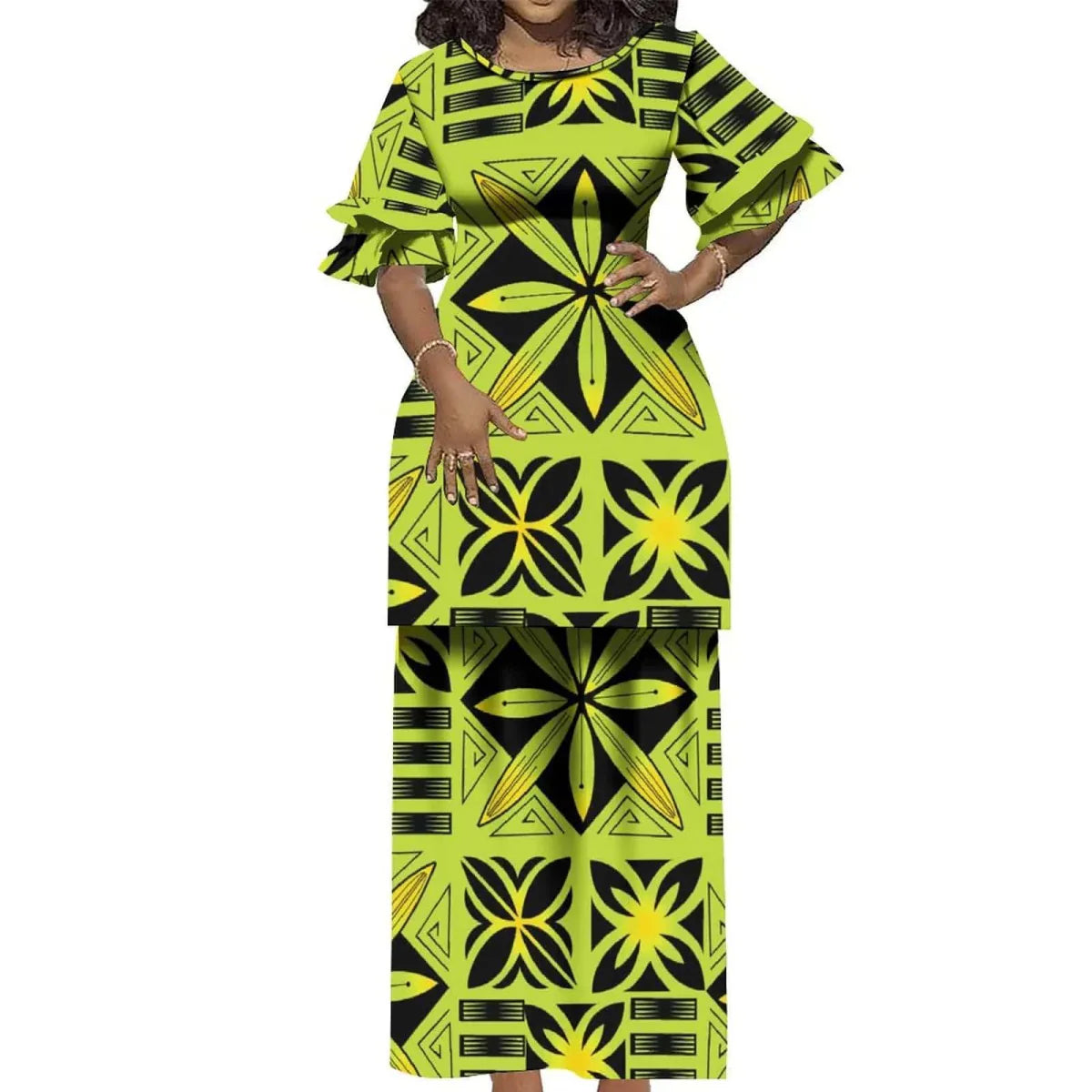 Vintage Polynesian Puletasi 2-piece Samoa dress with ruffled details and elegant round neckline, styled by Showlu Fashion Store.