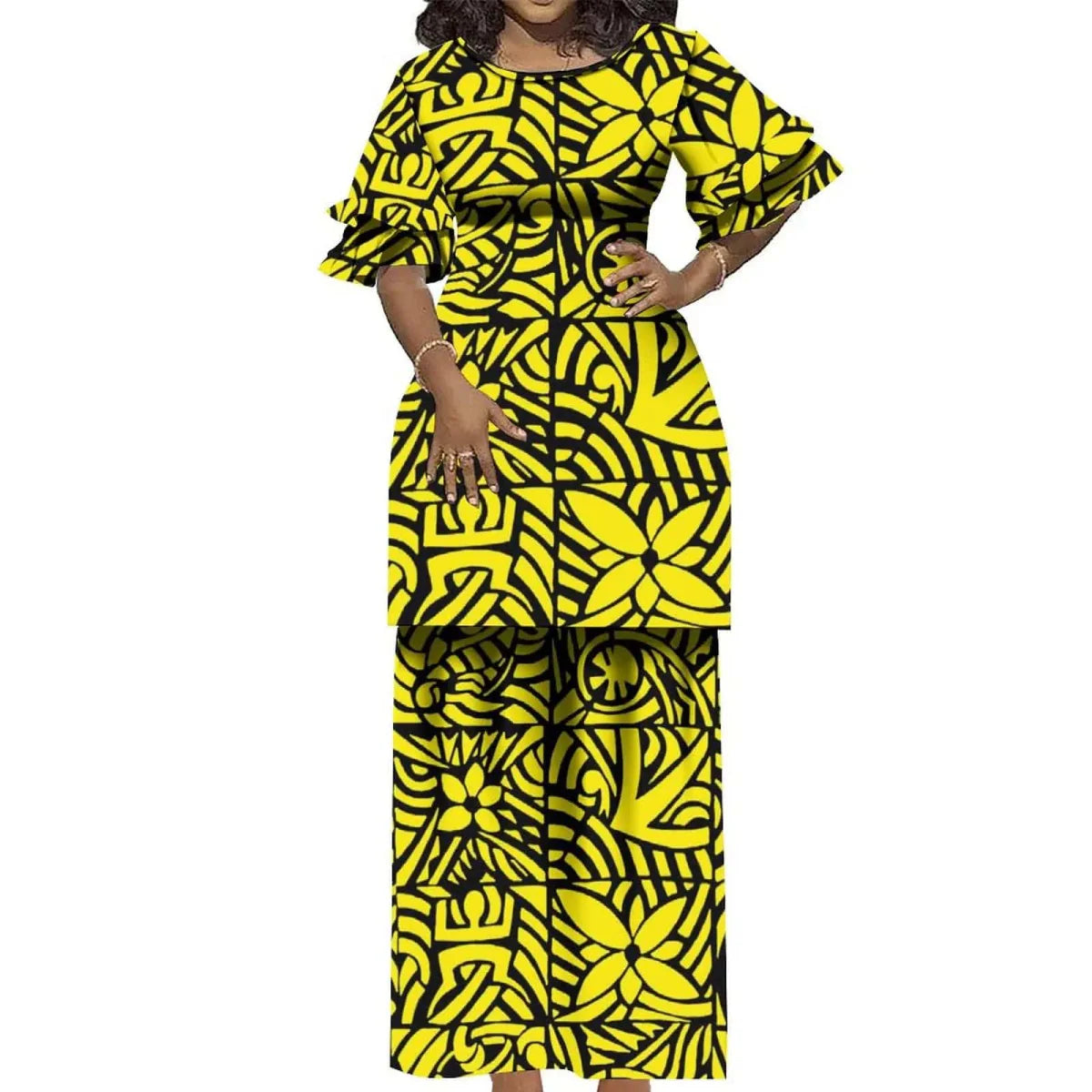 Polynesian Puletasi 2-piece ruffled Samoa island dress by Showlu Fashion, featuring vintage round-neck and elegant cuff details.