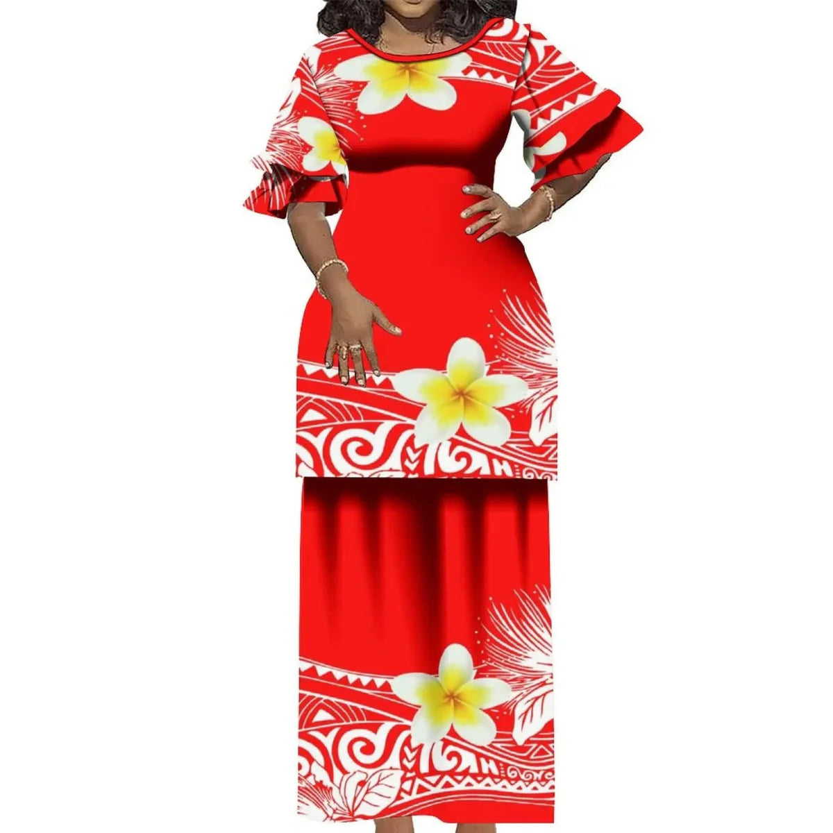 Showlu Fashion Polynesian Puletasi 2-piece Samoa Island dress with ruffled details and elegant round neck, tailored for tropical style.