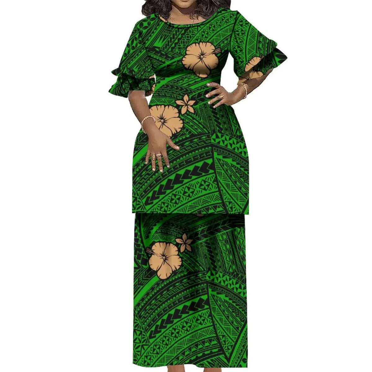 Showlu Fashion Polynesian Puletasi 2-piece Samoa Island dress with ruffled top and skirt, vintage round neck, elegant traditional attire