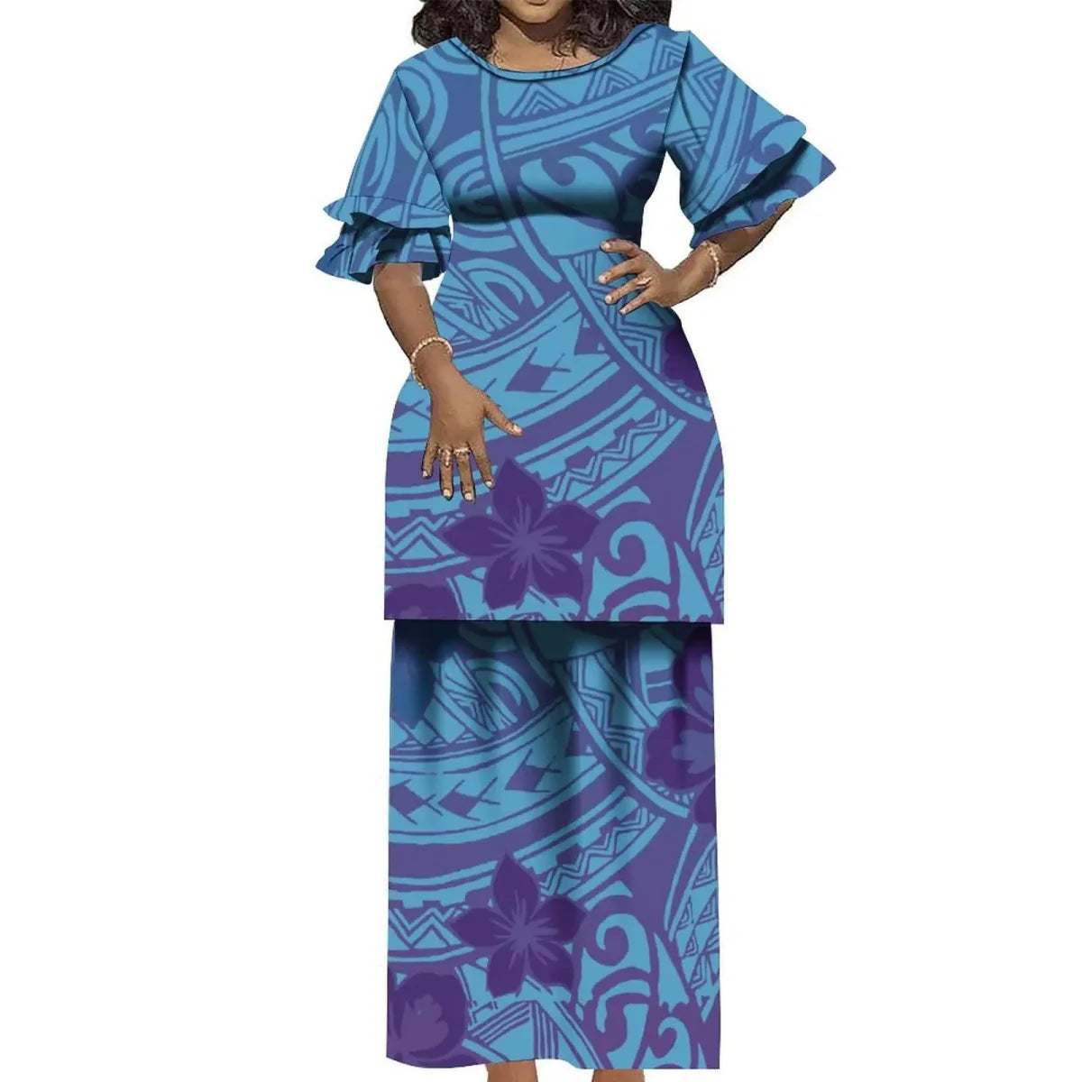 Polynesian Puletasi 2-piece ruffled Samoa Island dress by Showlu Fashion Store, featuring vintage round neck and elegant double cuffs.