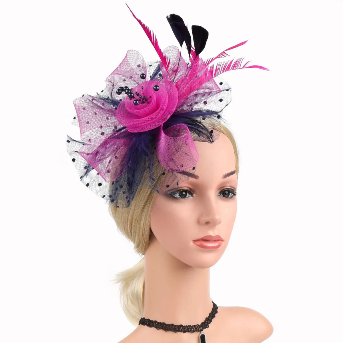 Vintage Showlu feather flower fascinator hat with mesh veil, floral design, hairband, perfect for weddings and special occasions.