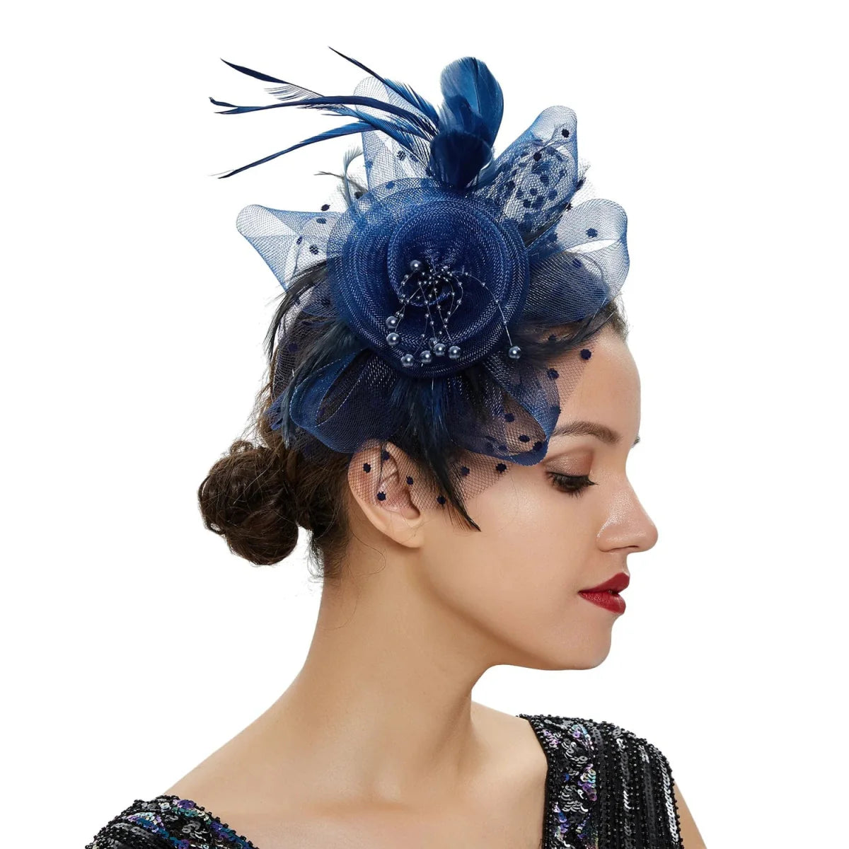 Showlu vintage feather flower fascinator hat with mesh veil, floral design, and hairband, perfect for weddings and special occasions.