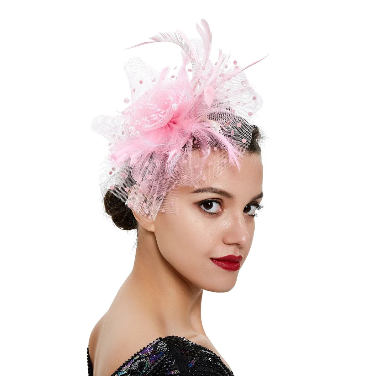 Showlu vintage feather flower fascinator hat with mesh veil, floral hairband for women’s wedding or party accessories.