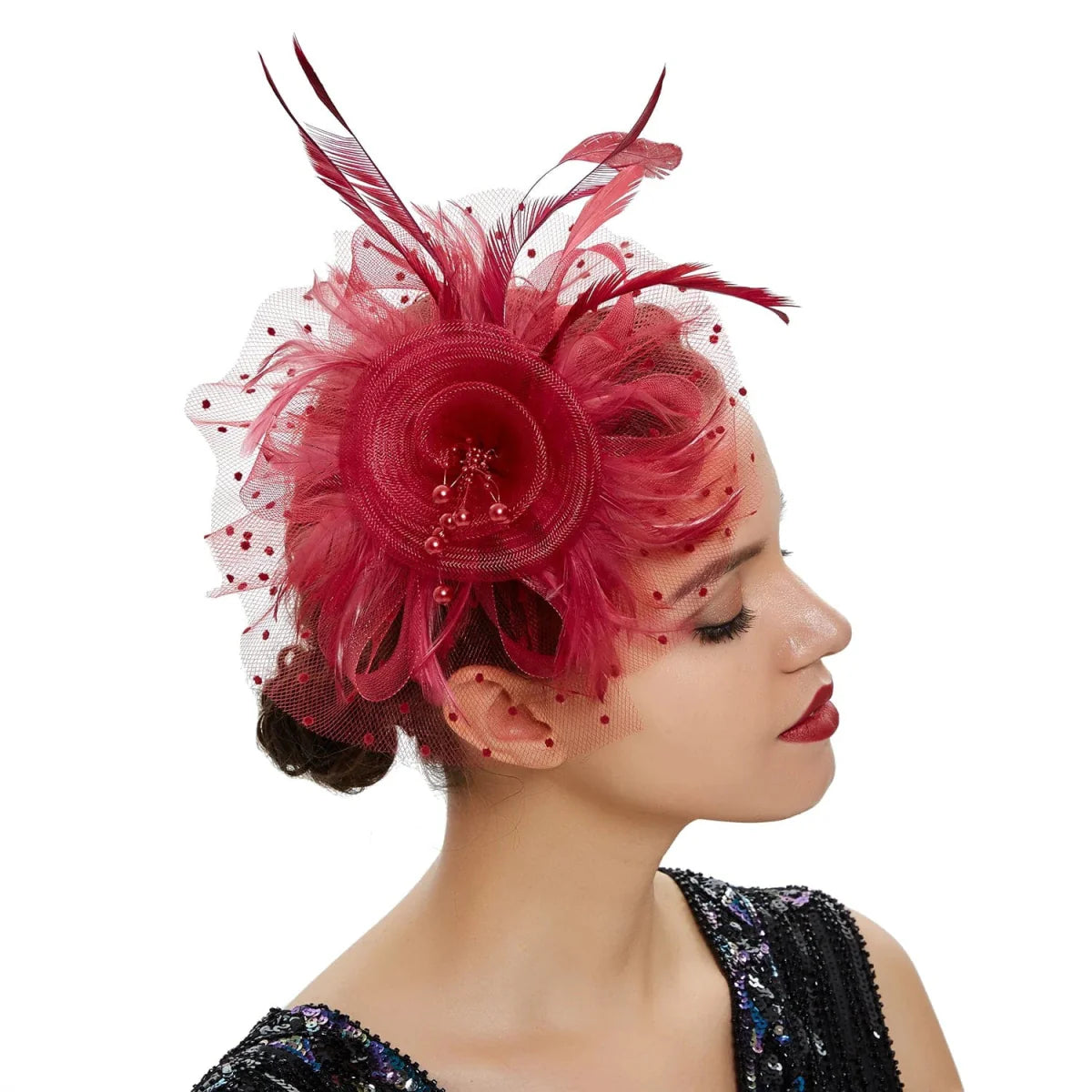 Vintage Showlu feather flower fascinator hat with mesh veil, floral design, and hairband for women’s wedding or party accessories.