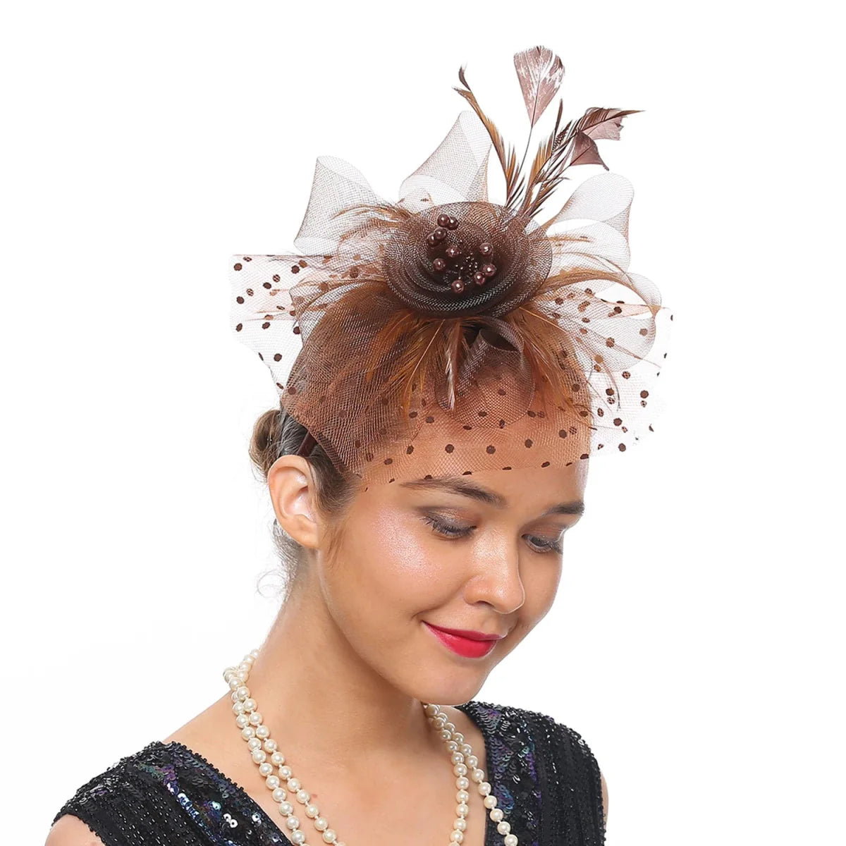 Vintage Showlu feather flower fascinator hat with mesh veil, floral hairband accessory for women’s wedding or party occasions.