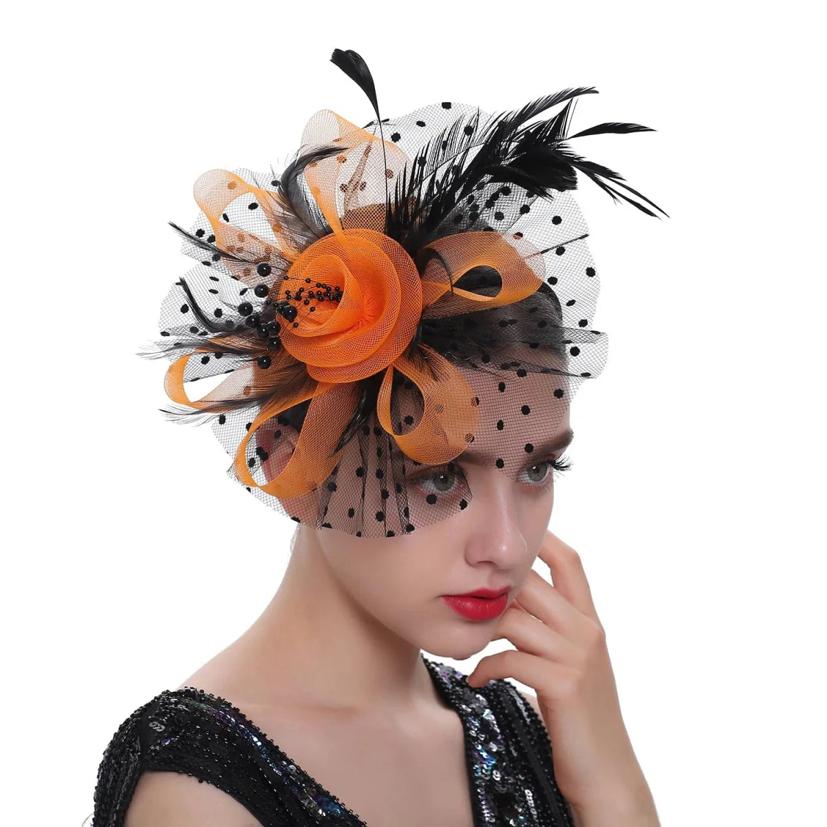 Vintage Showlu feather flower fascinator hat with mesh veil, floral design, and hairband for women’s wedding or party accessories.