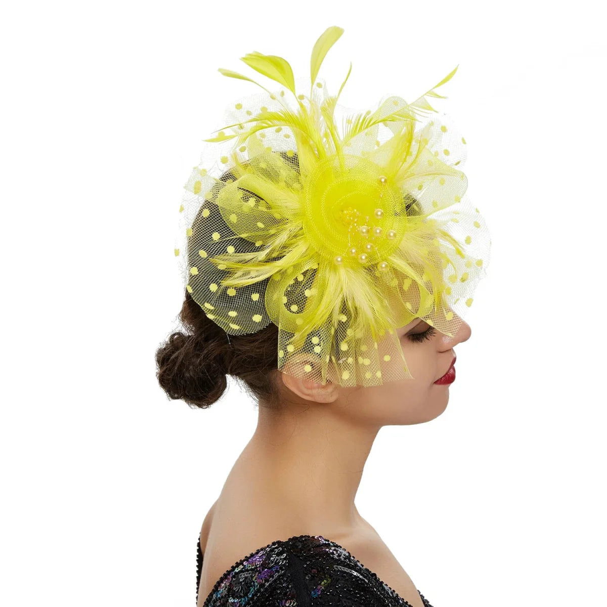 Showlu vintage feather flower fascinator hat with mesh veil, floral design, and hairband, perfect for weddings and special occasions.