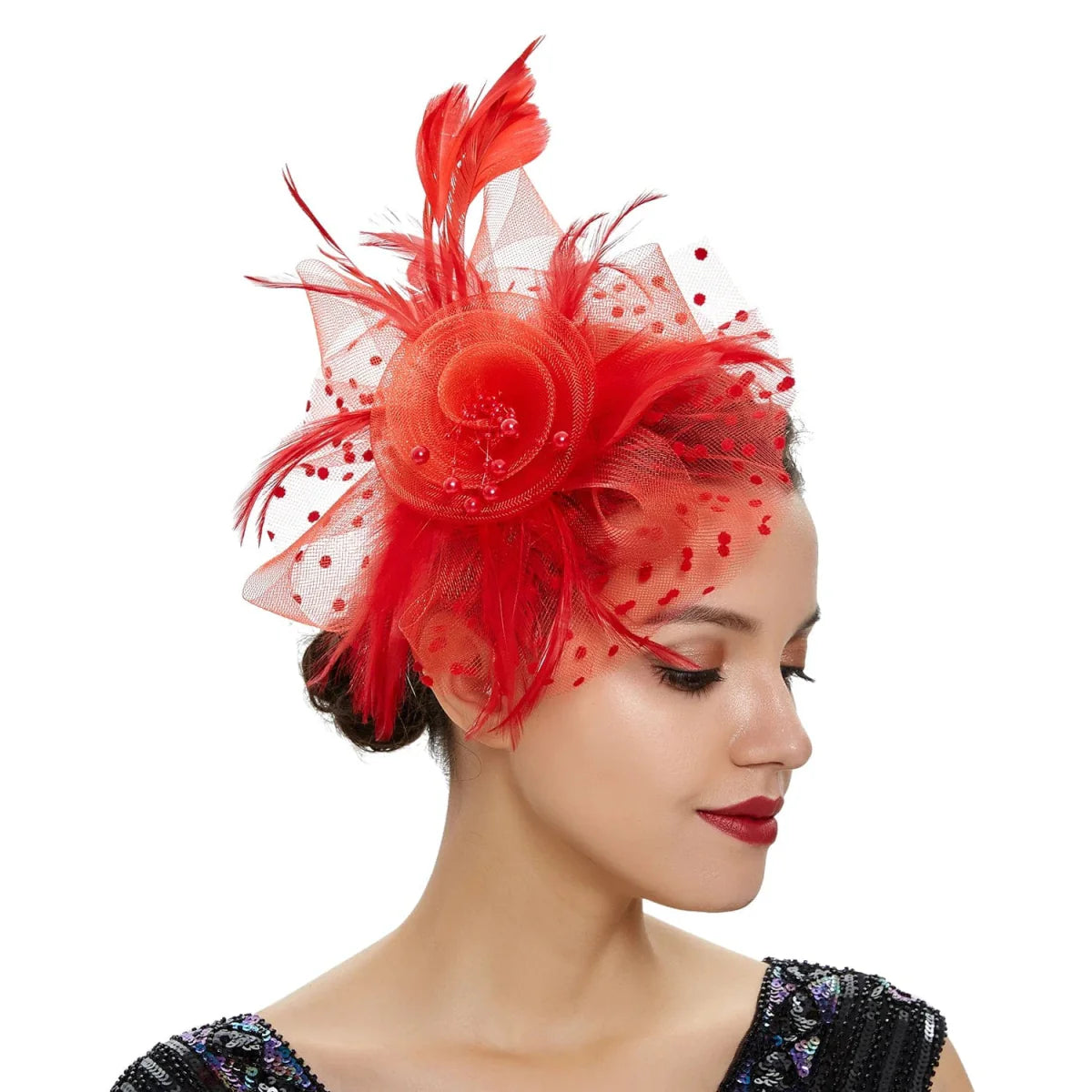 Vintage feather flower fascinator hat with mesh veil, floral hairband for women’s wedding or party hair accessories.