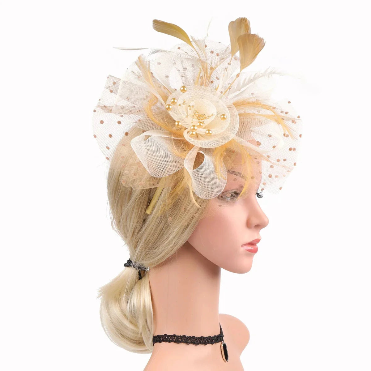 Vintage Showlu feather flower fascinator hat with mesh veil, floral hairband for women’s wedding and party accessories.