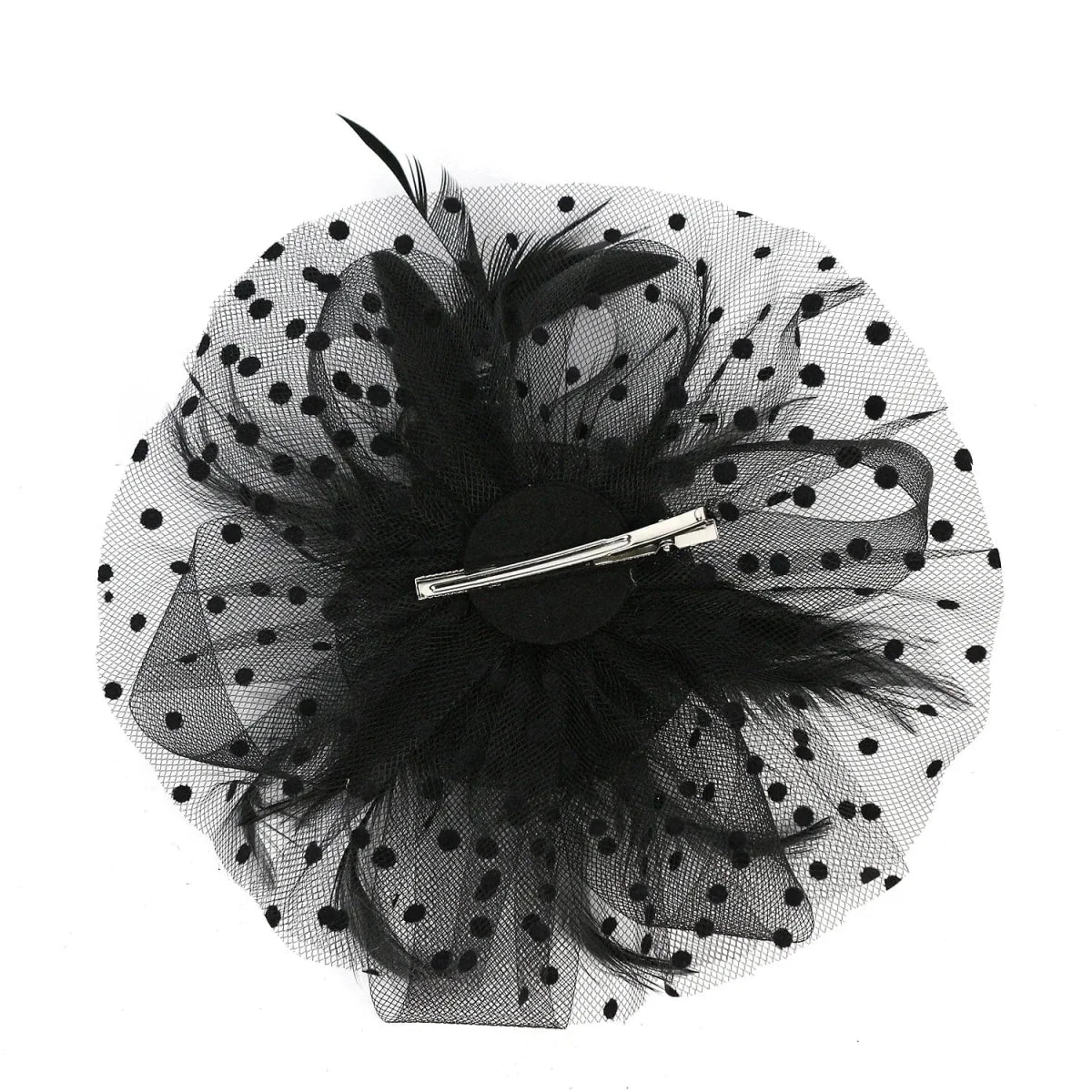 Vintage feather flower fascinator hat with mesh veil, floral design, hairband, and hairpin for women’s wedding and party accessories.