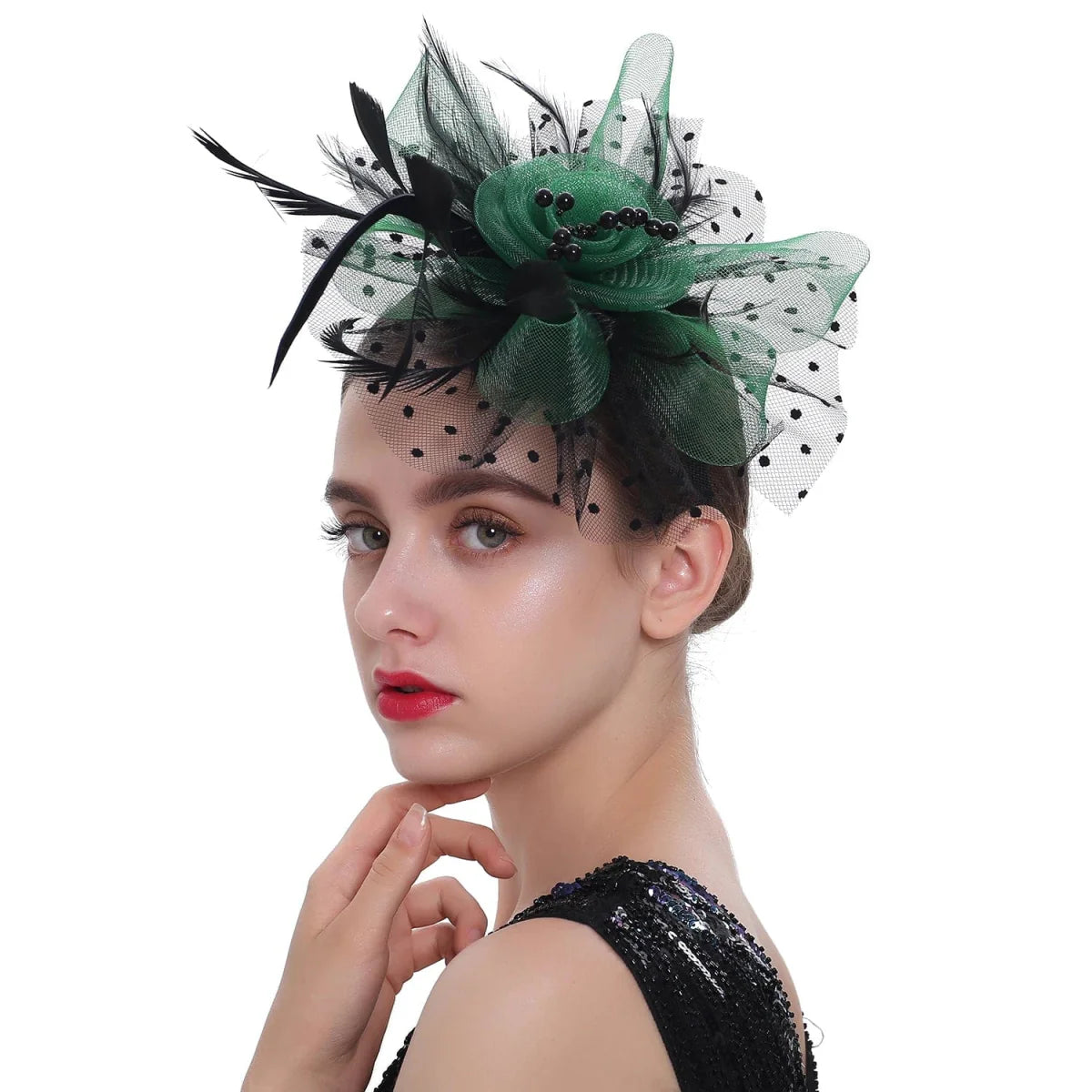 Showlu vintage feather flower fascinator hat with mesh veil, floral design, hairband, suitable for wedding and party accessories.