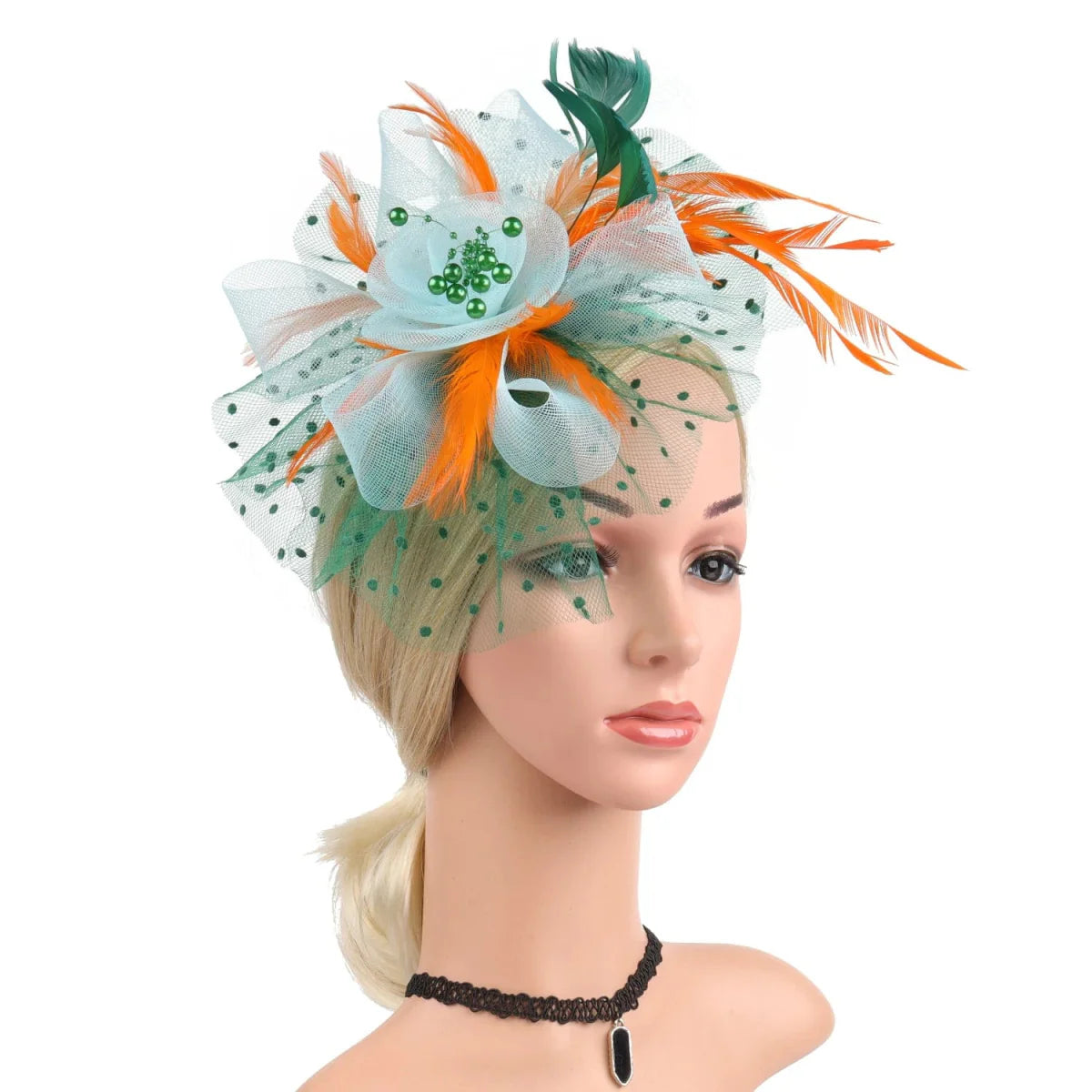 Showlu vintage feather flower fascinator hat with floral mesh veil, hairband, and hairpin for women’s wedding and party accessories.