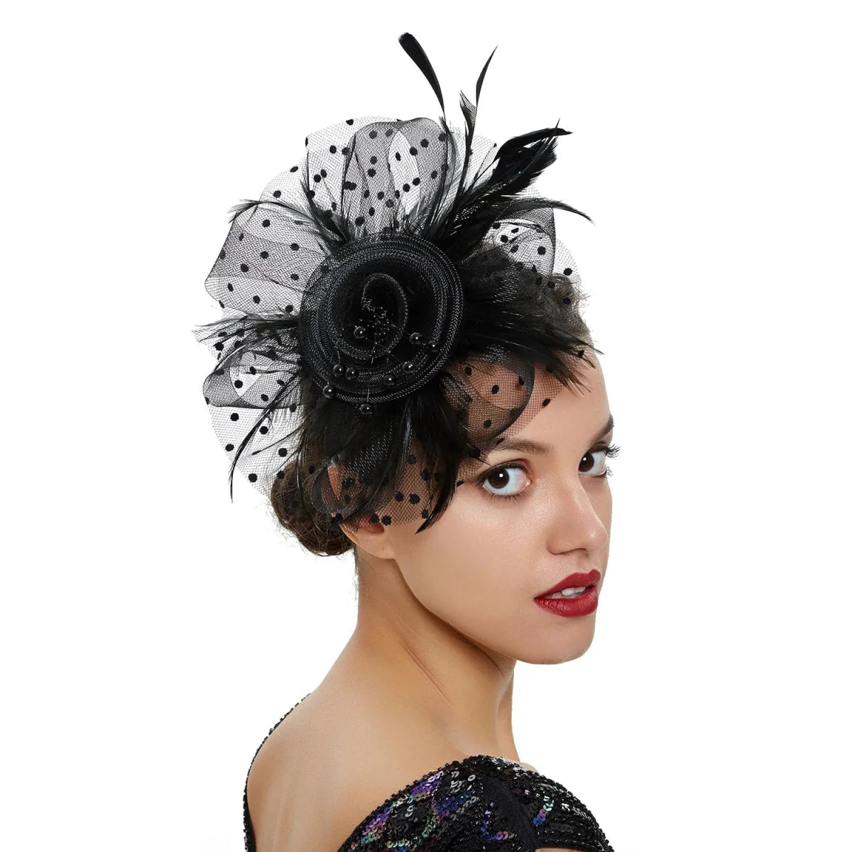Vintage feather flower fascinator hat with mesh veil and hairband, women's floral wedding accessory, Showlu Fashion Store