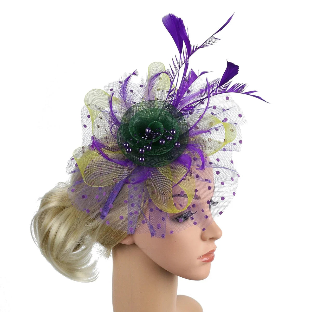 Showlu vintage feather flower fascinator hat with mesh veil, floral design, and hairband for women’s wedding or party accessories.