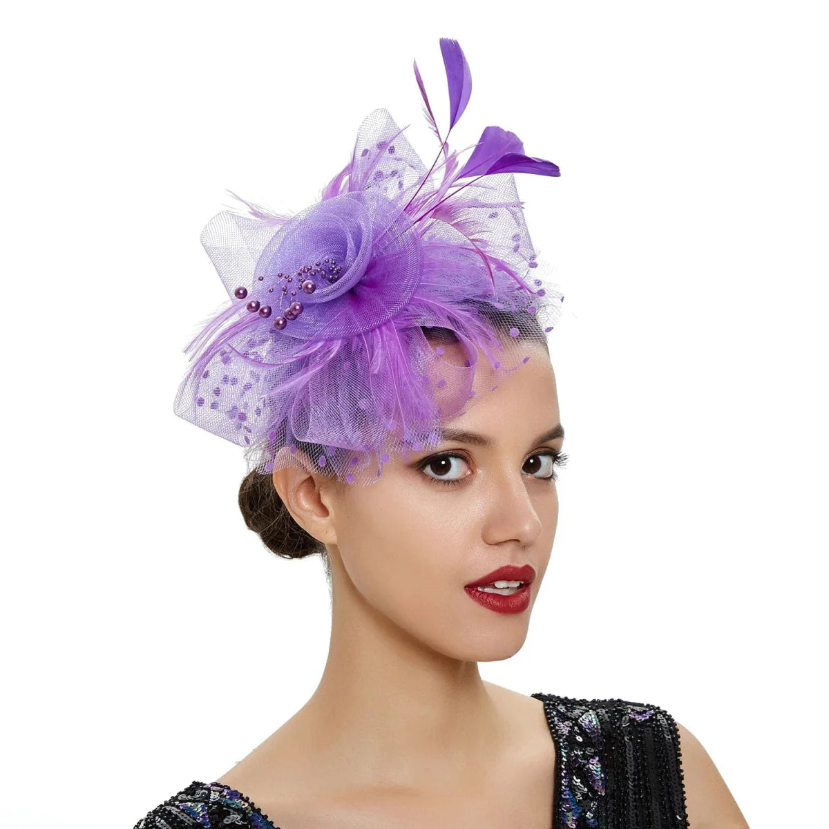 Showlu vintage feather flower fascinator hat with mesh veil, floral embellishments, and hairband for women’s wedding or party accessories.