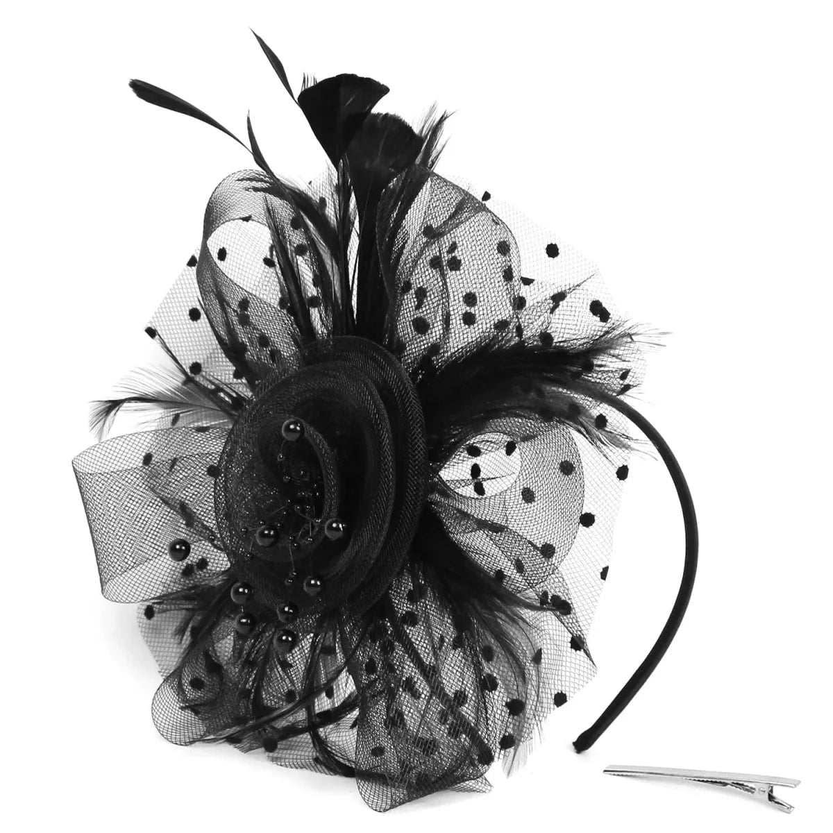Showlu vintage feather flower fascinator hat with mesh veil, floral design, hairband, perfect for wedding or party accessories.