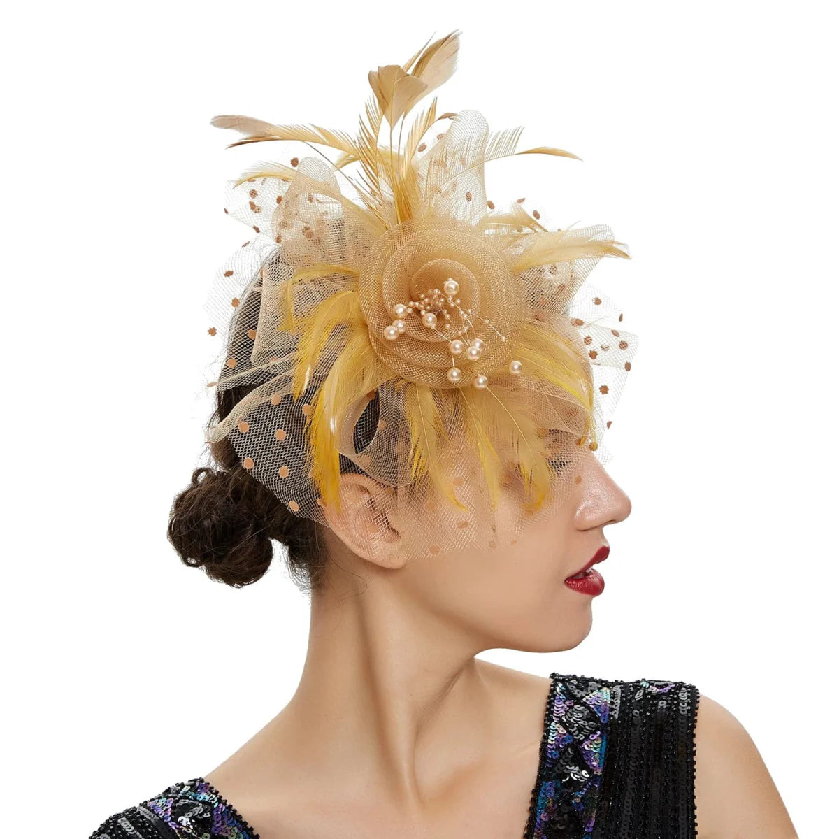 Vintage Showlu feather flower fascinator hat with mesh veil, floral hairband for women’s wedding or party hair accessories.