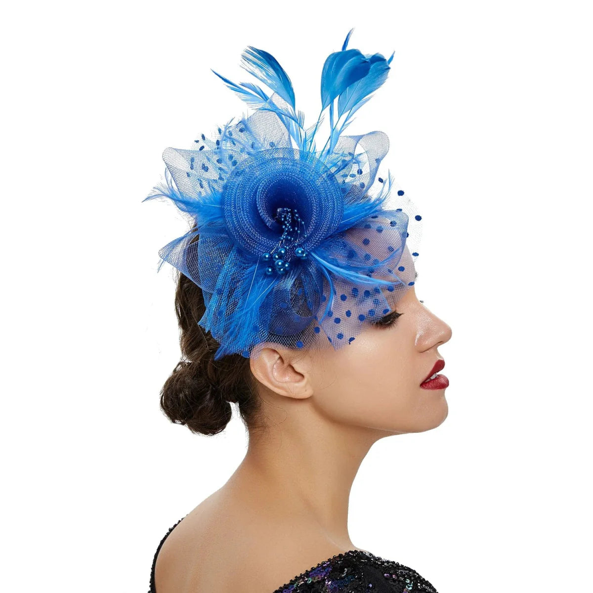 Showlu vintage feather flower fascinator hat with mesh veil, floral design, and hairband, ideal for wedding or party accessories.