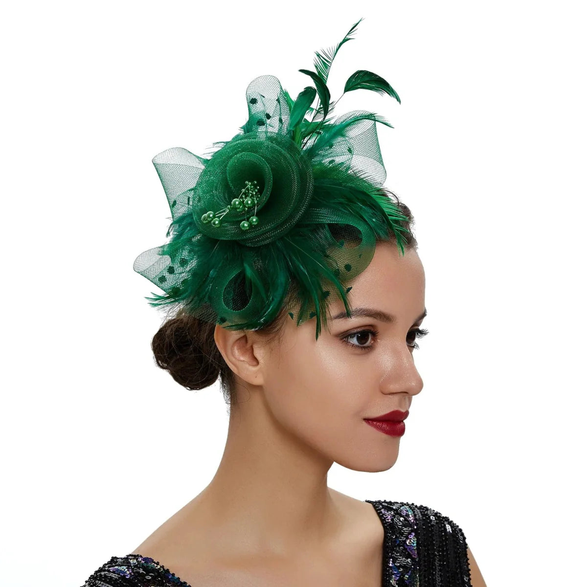 Showlu vintage feather flower fascinator hat with mesh veil, floral hairband for women’s wedding and party accessories.