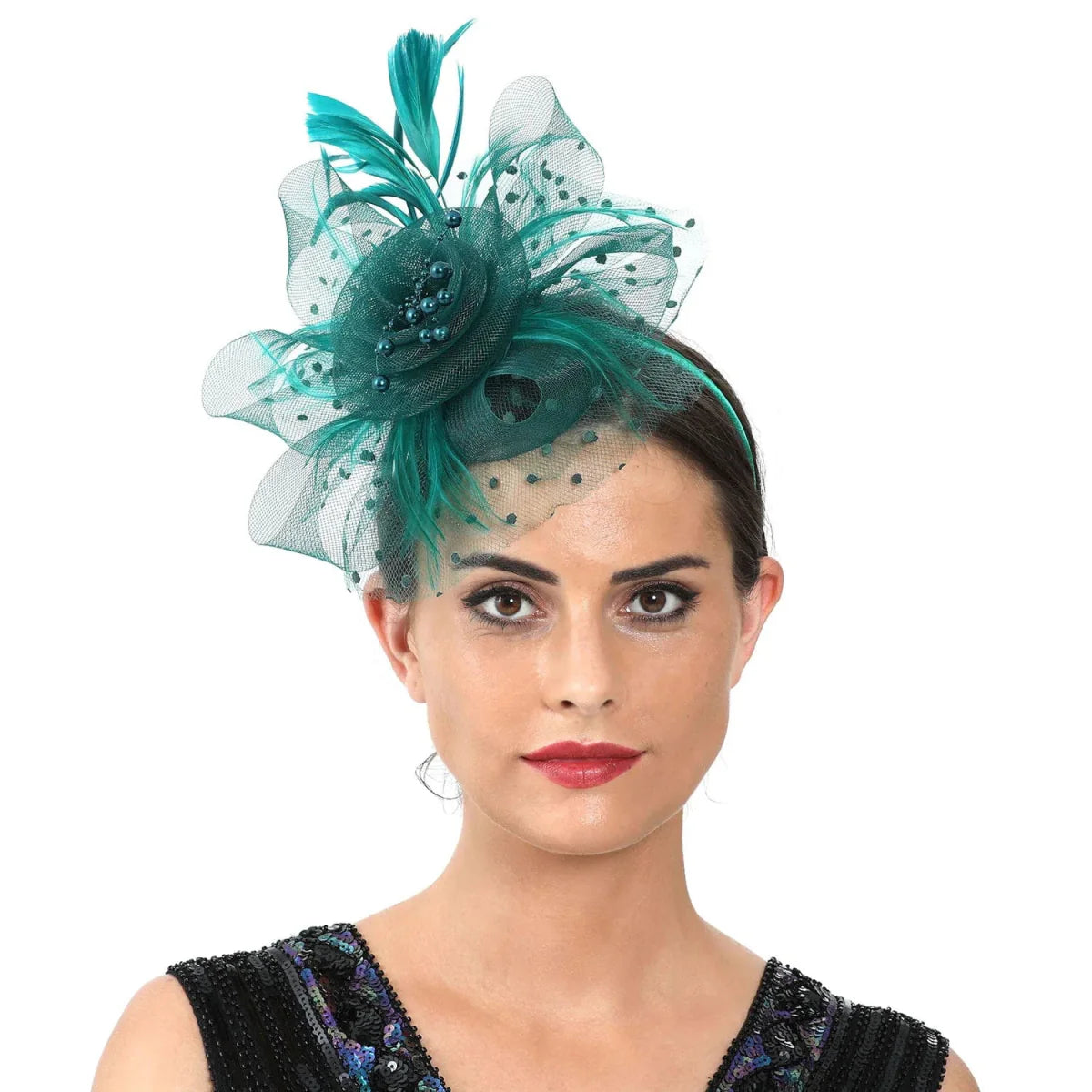Showlu vintage feather flower fascinator hat with mesh veil and floral hairband, ideal for wedding or party head accessories.