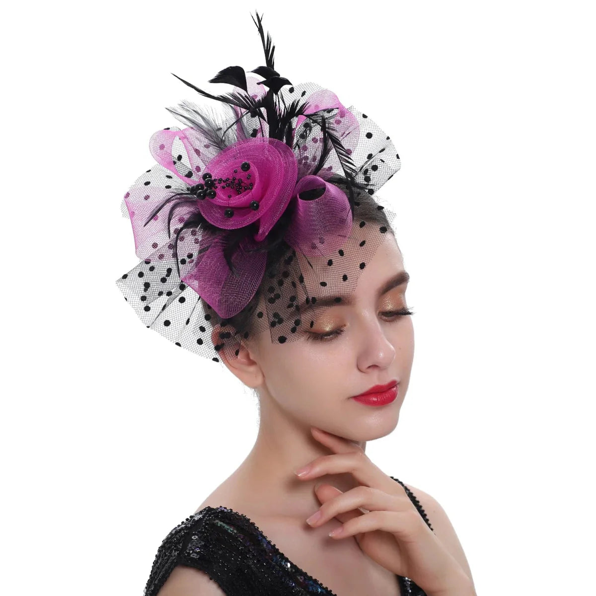 Showlu vintage feather flower fascinator hat with mesh veil, floral hairband for women’s wedding or party accessories.