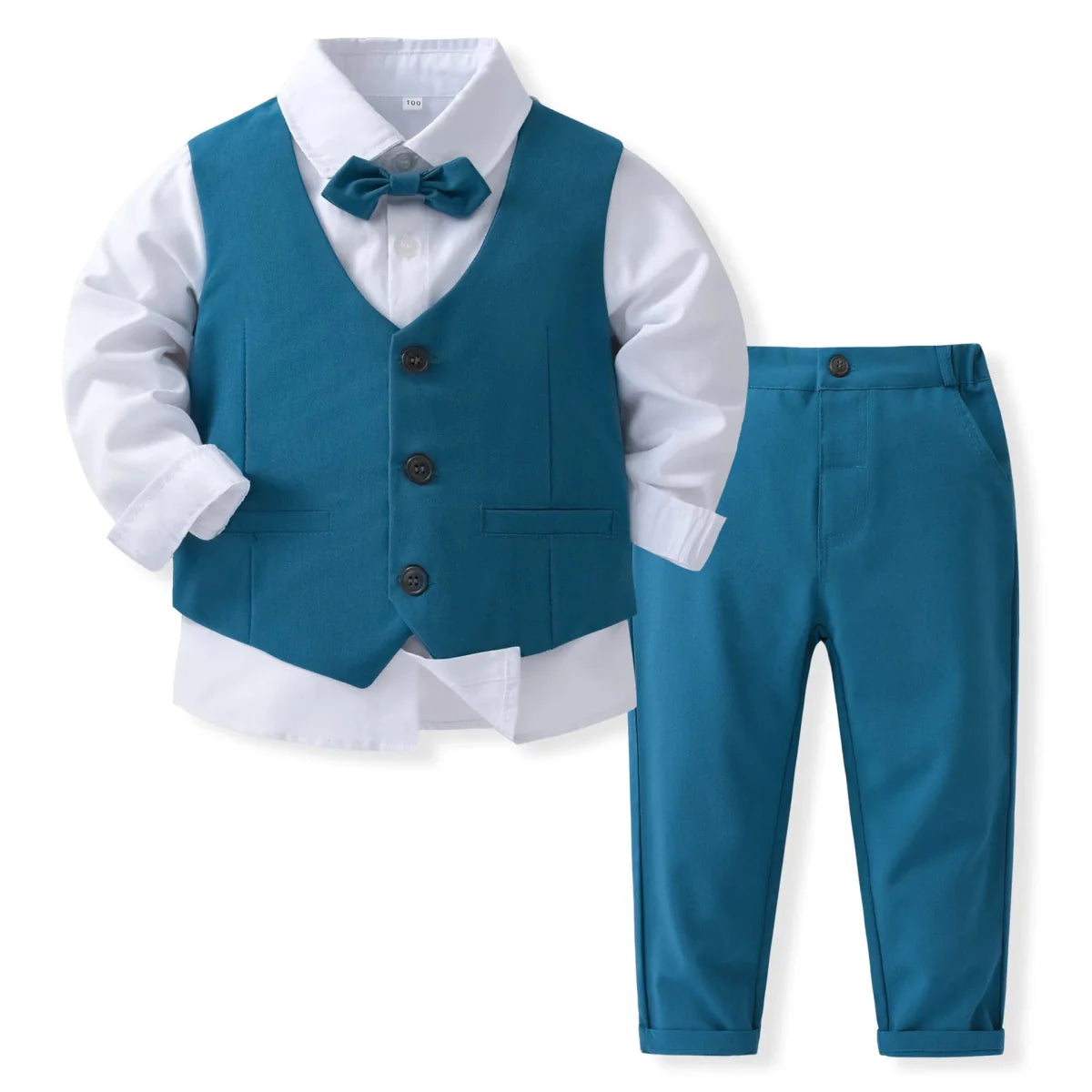 Navy blue boys' tuxedo suit with vest, bowtie, shirt, and pants for wedding or formal occasions, styled as a gentleman outfit.