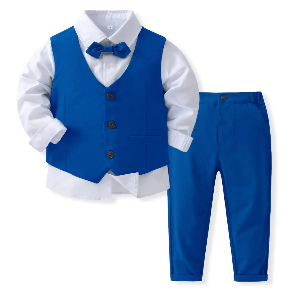 Navy blue boys' tuxedo suit with vest, bowtie, and shirt, perfect for wedding or formal occasions, by Showlu Fashion Store.