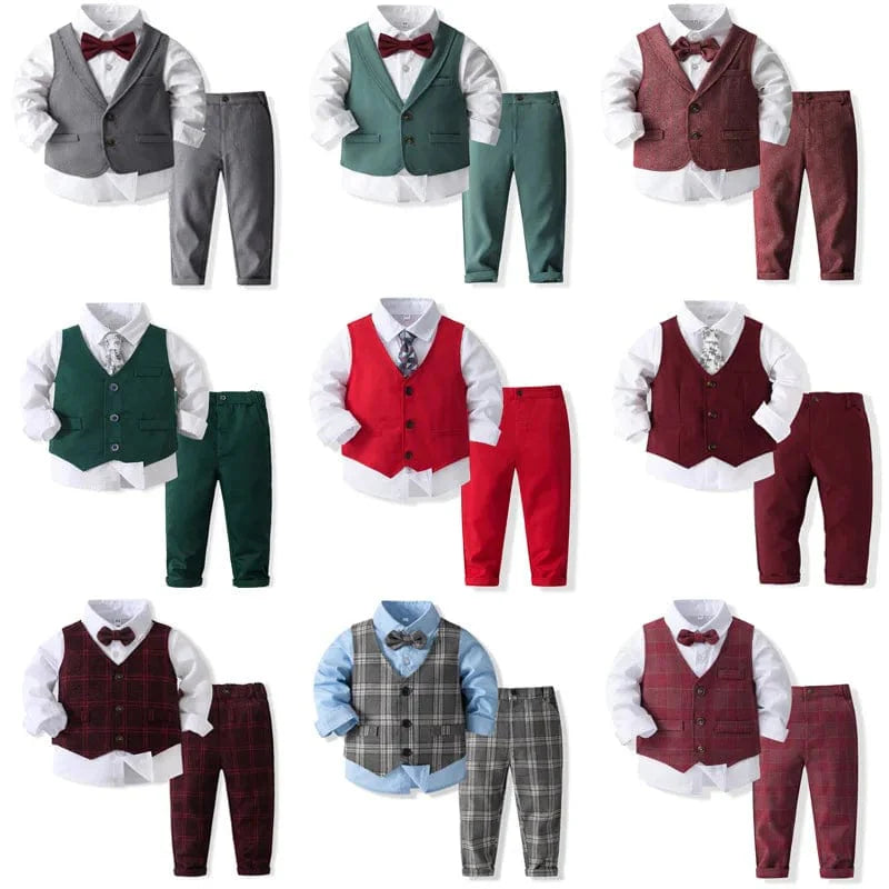 Navy blue boys' tuxedo suit with vest, bowtie, shirt, and pants, perfect for wedding or formal occasions.