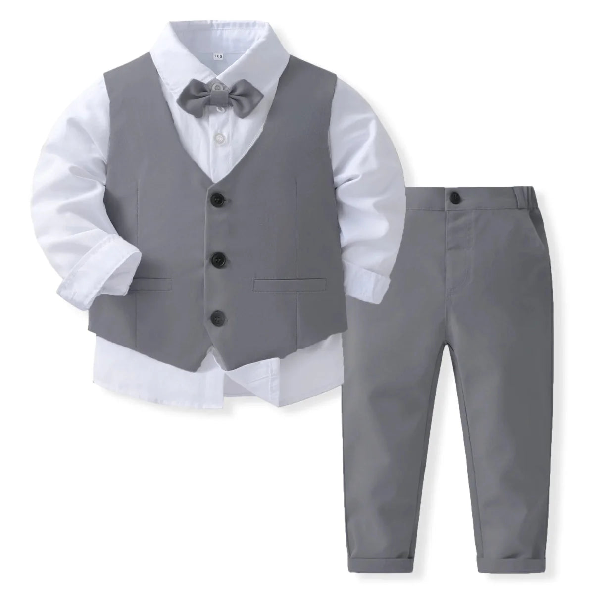 Navy blue boys' tuxedo suit with vest, bowtie, shirt, and pants, perfect for wedding or formal occasions, by Showlu Fashion.