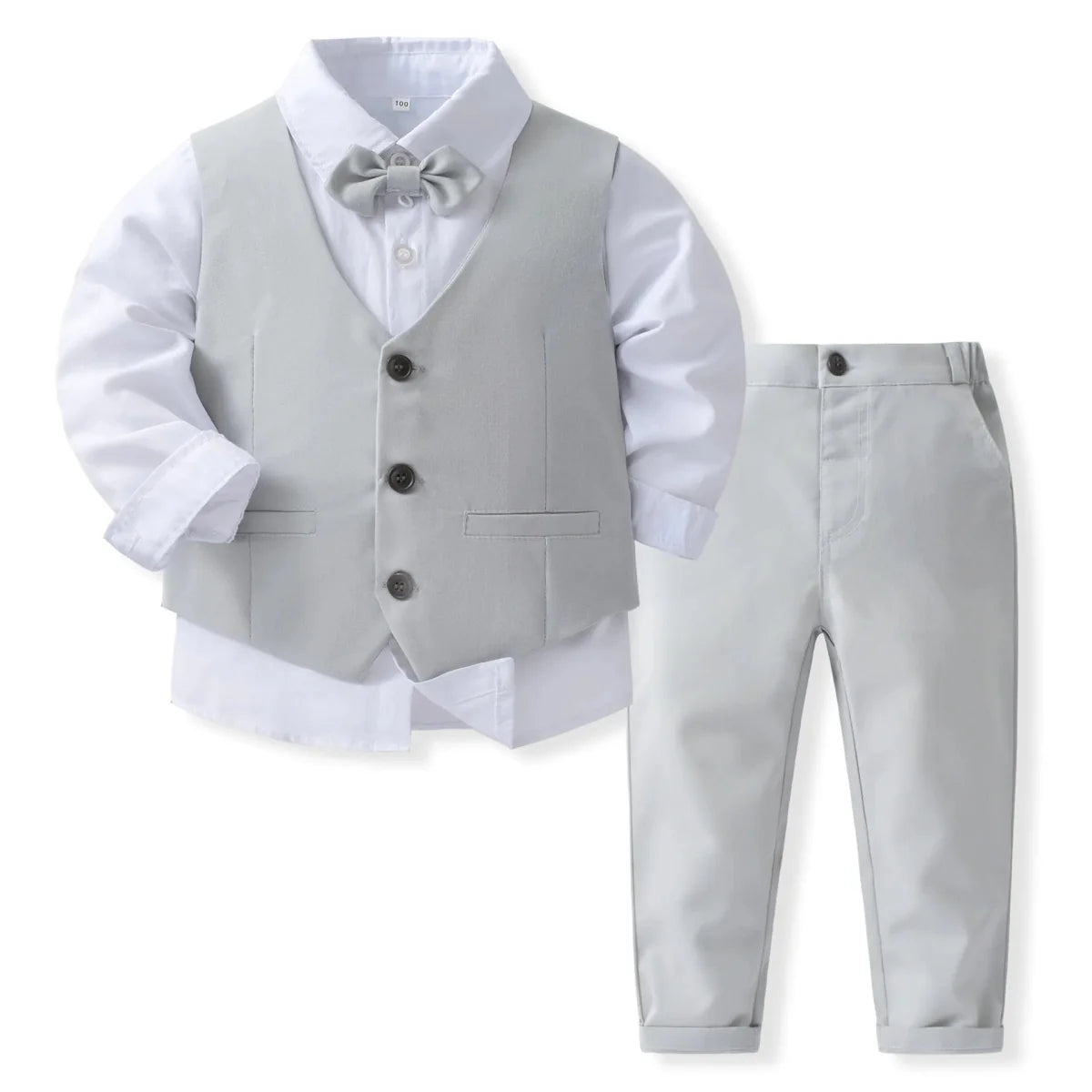 Navy blue boys' tuxedo suit with vest, bowtie, shirt, and pants, ideal for wedding or formal occasions, by Showlu Fashion Store.