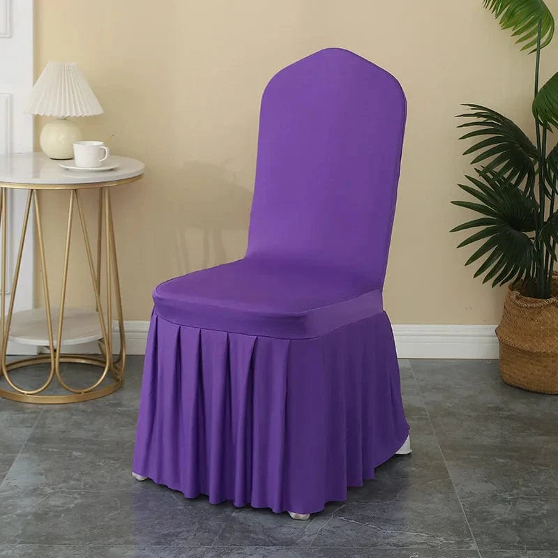 Luxury stretch spandex wedding chair cover with pleated skirt, elegant party decor for banquet, hotel, or birthday celebrations.
