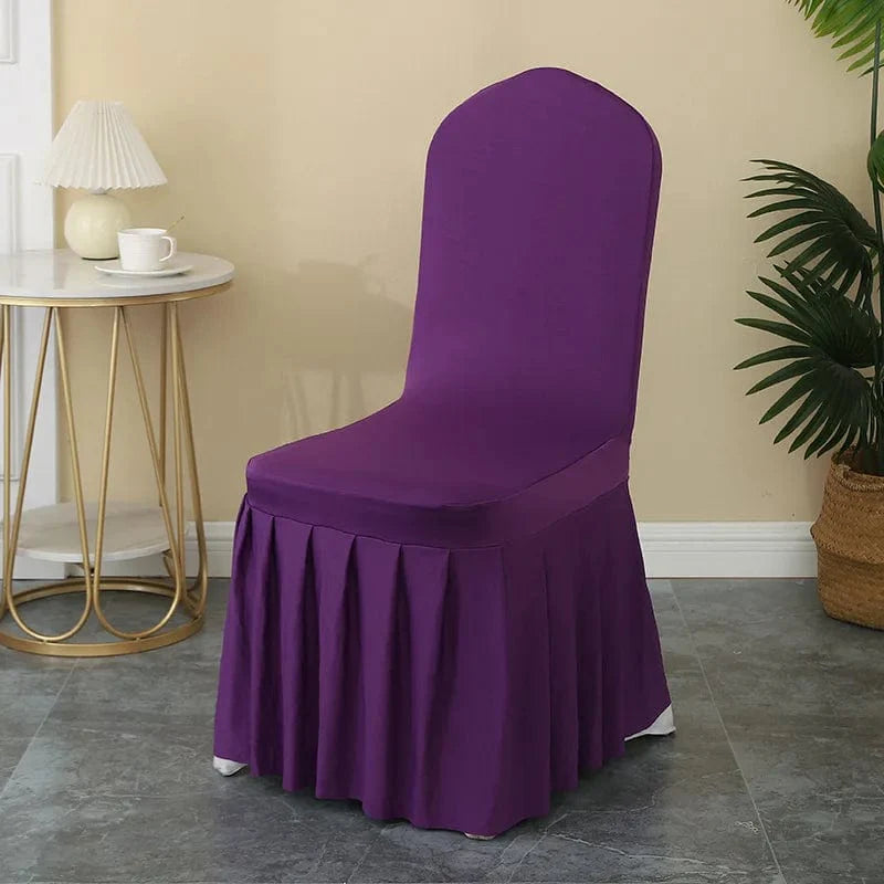 Luxury Spandex wedding chair cover with pleated skirt, form-fitting stretch fabric for elegant banquet and event decoration.