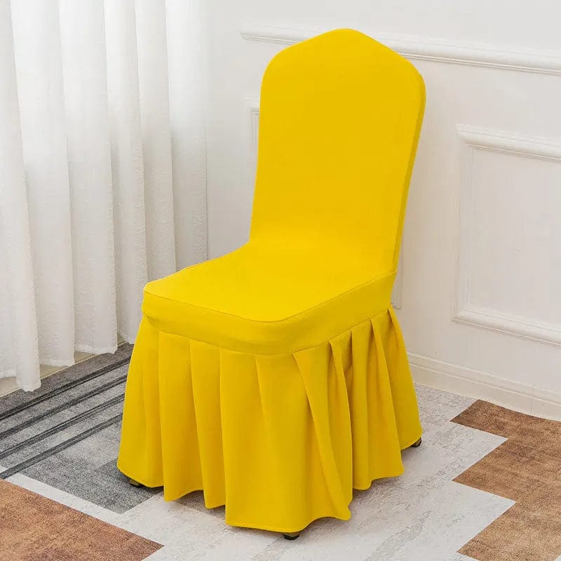 Showlu Spandex pleated chair cover with elastic stretch, used for wedding, banquet, and special event decor.