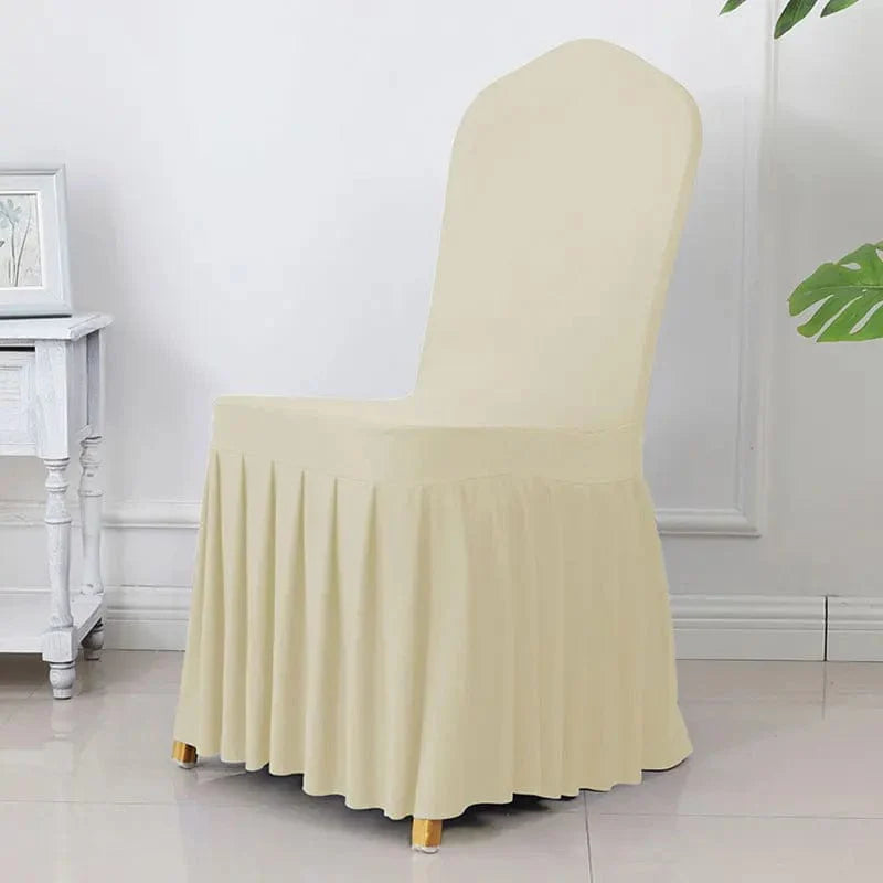 Showlu Spandex pleated chair cover with elastic stretch for wedding and banquet decor, elegant dining and party decoration.