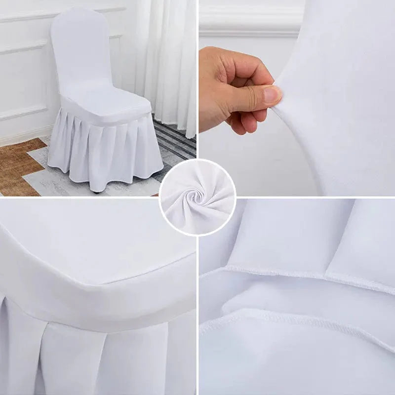 Showlu Spandex pleated chair cover with elastic stretch, used for wedding, banquet, or party decor on dining chairs.