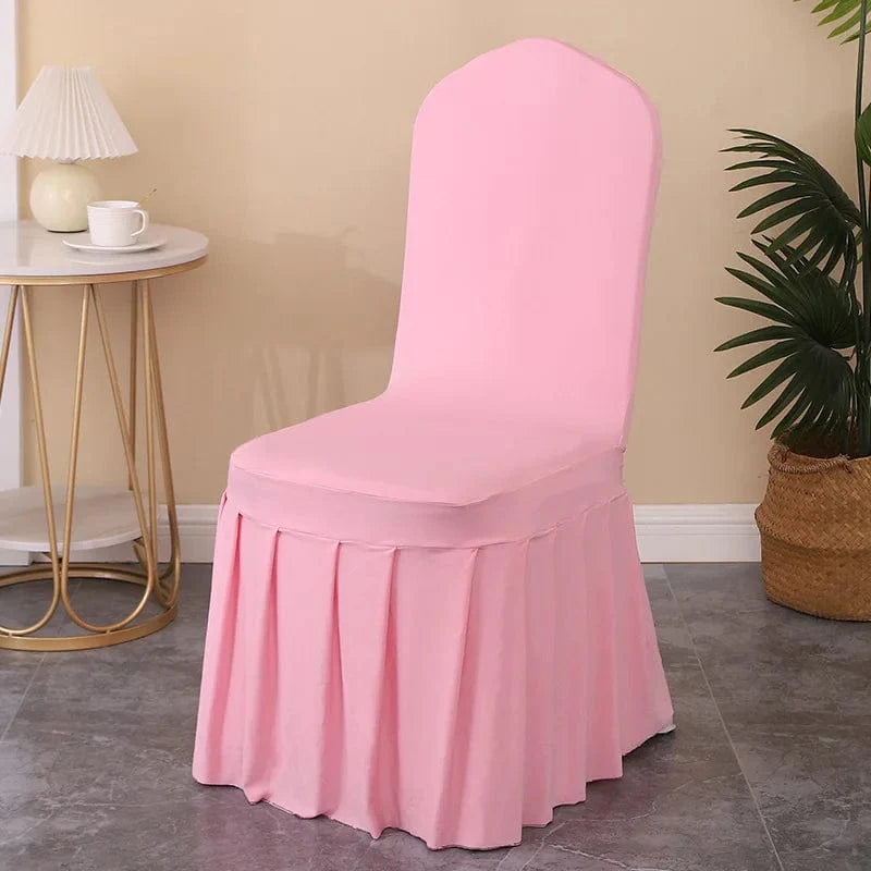 Luxury stretch spandex wedding chair cover with pleated skirt, elegant party decoration for banquets and special events.