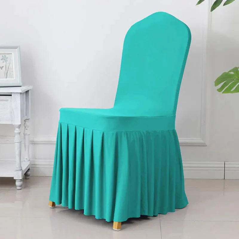 Showlu Spandex pleated chair cover with elastic stretch, used for wedding, banquet, and party decor, featuring elegant design.