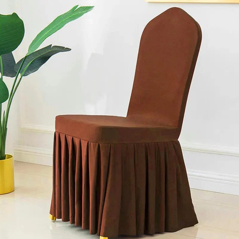 Showlu Spandex pleated chair cover with elastic stretch, used for wedding and banquet decor, adding elegant dining and party ambiance.